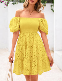 Womens Summer Puff Sleeve Mini Dress Off Shoulder Eyelet Smocked A Line Casual Babydoll Short Dresses