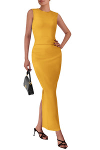 Women's Summer Wedding Guest Dresses 2025 Sleeveless Ruched Bodycon Fitted Maxi Long Cocktail Dress with Slit