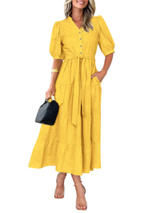 Women's Summer Midi Dress 2025 Casual Short Sleeve V Neck Buttons Belted Ruffle A Line Flowy Dress with Pockets