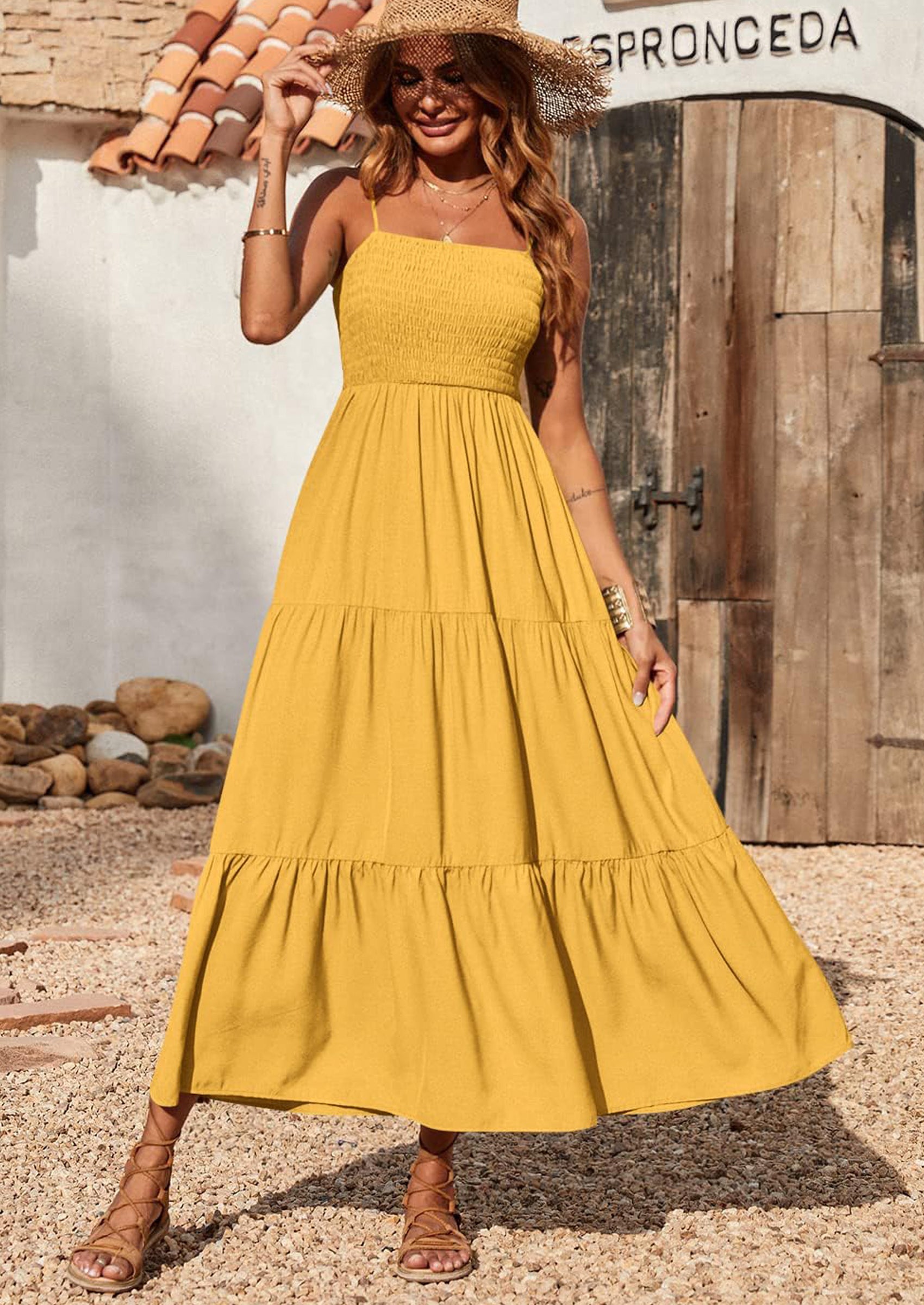 PRETTYGARDEN Women's Summer Maxi Dress Casual Boho Sleeveless Spaghetti Strap Smocked Tiered Long Beach Sundresses PRETTYGARDEN