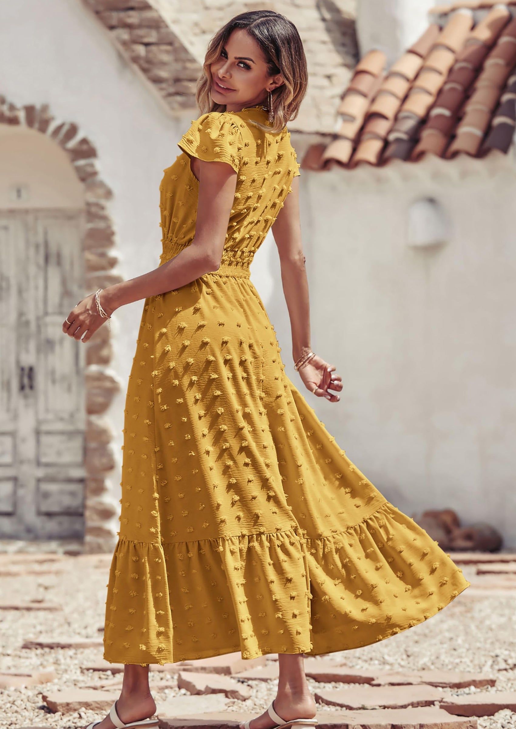 PRETTYGARDEN Womens Dresses Summer Maxi Dress Boho Short Sleeve V Neck Swiss Dot Ruffle Tiered Smocked Flowy Long Dress PRETTYGARDEN
