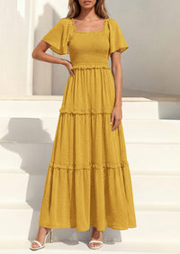 PRETTYGARDEN Summer Dresses for Women Boho Swiss Dot Smocked Square Neck Short Sleeve Spring Wedding Guest Maxi Dress PRETTYGARDEN