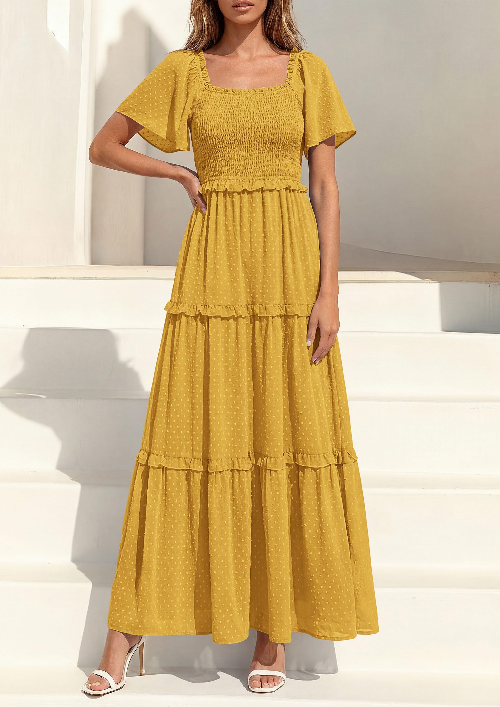 PRETTYGARDEN Summer Dresses for Women Boho Swiss Dot Smocked Square Neck Short Sleeve Spring Wedding Guest Maxi Dress PRETTYGARDEN