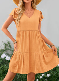 Summer Casual Cap Sleeve V Neck Tiered Ruffle Swing A Line Dresses