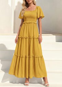 PRETTYGARDEN Summer Dresses for Women Boho Swiss Dot Smocked Square Neck Short Sleeve Spring Wedding Guest Maxi Dress PRETTYGARDEN