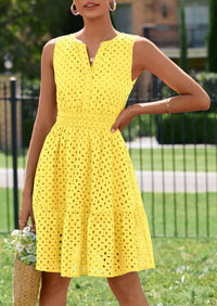 PRETTYGARDEN Women's Summer Dresses Sleeveless V Neck Eyelet Hollow Out Swing A Line Beach Vacation Sun Dress PRETTYGARDEN