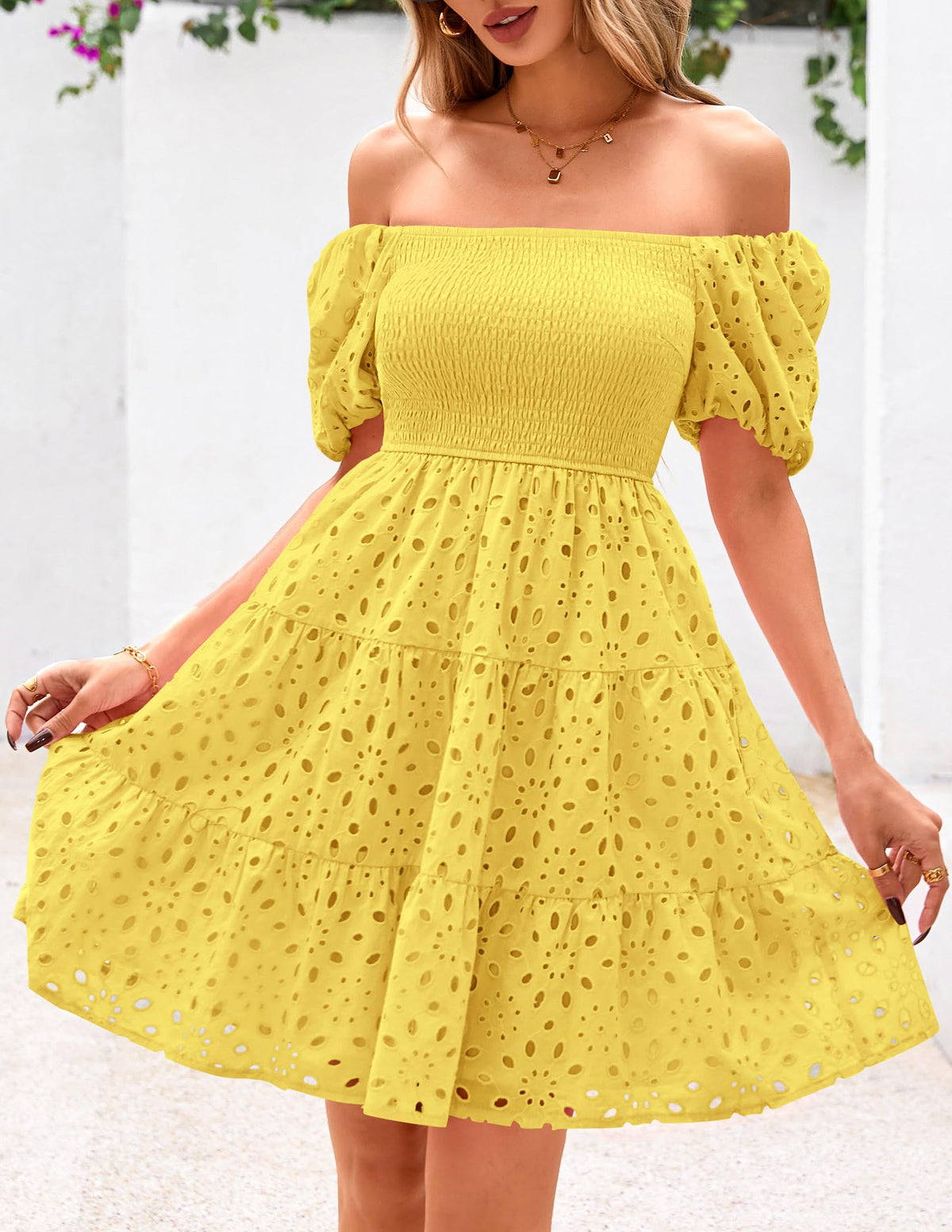 Womens Summer Puff Sleeve Mini Dress Off Shoulder Eyelet Smocked A Line Casual Babydoll Short Dresses