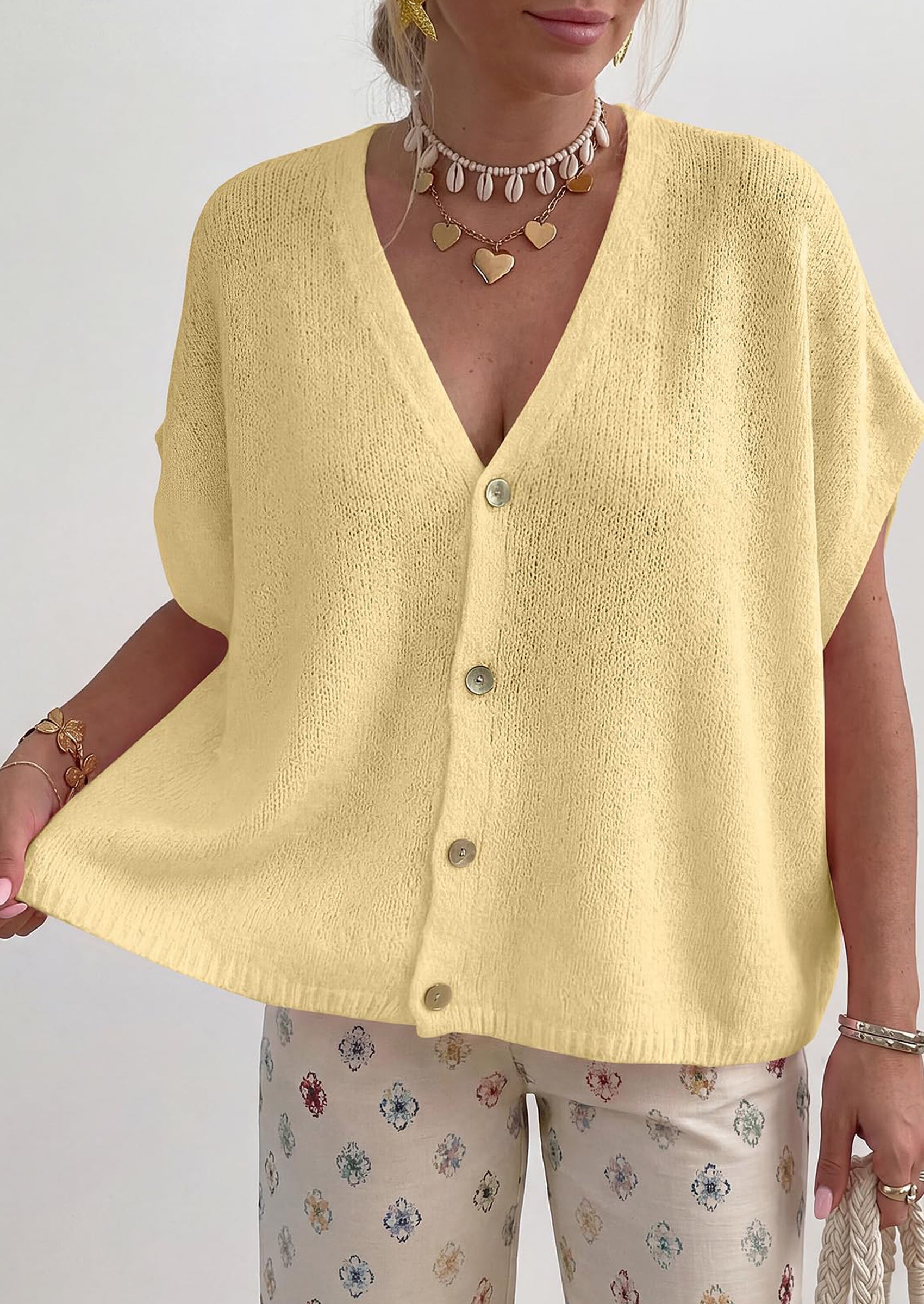 PRETTYGARDEN Batwing Short Sleeve Summer Cardigan Sweaters for Women Lightweight V Neck Button Oversized Sweater Tops PRETTYGARDEN