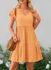 Summer Casual Cap Sleeve V Neck Tiered Ruffle Swing A Line Dresses