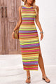 Womens Summer Sleeveless Tank Dress Crew Neck Striped Side Slit Bodycon Casual Maxi Dresses