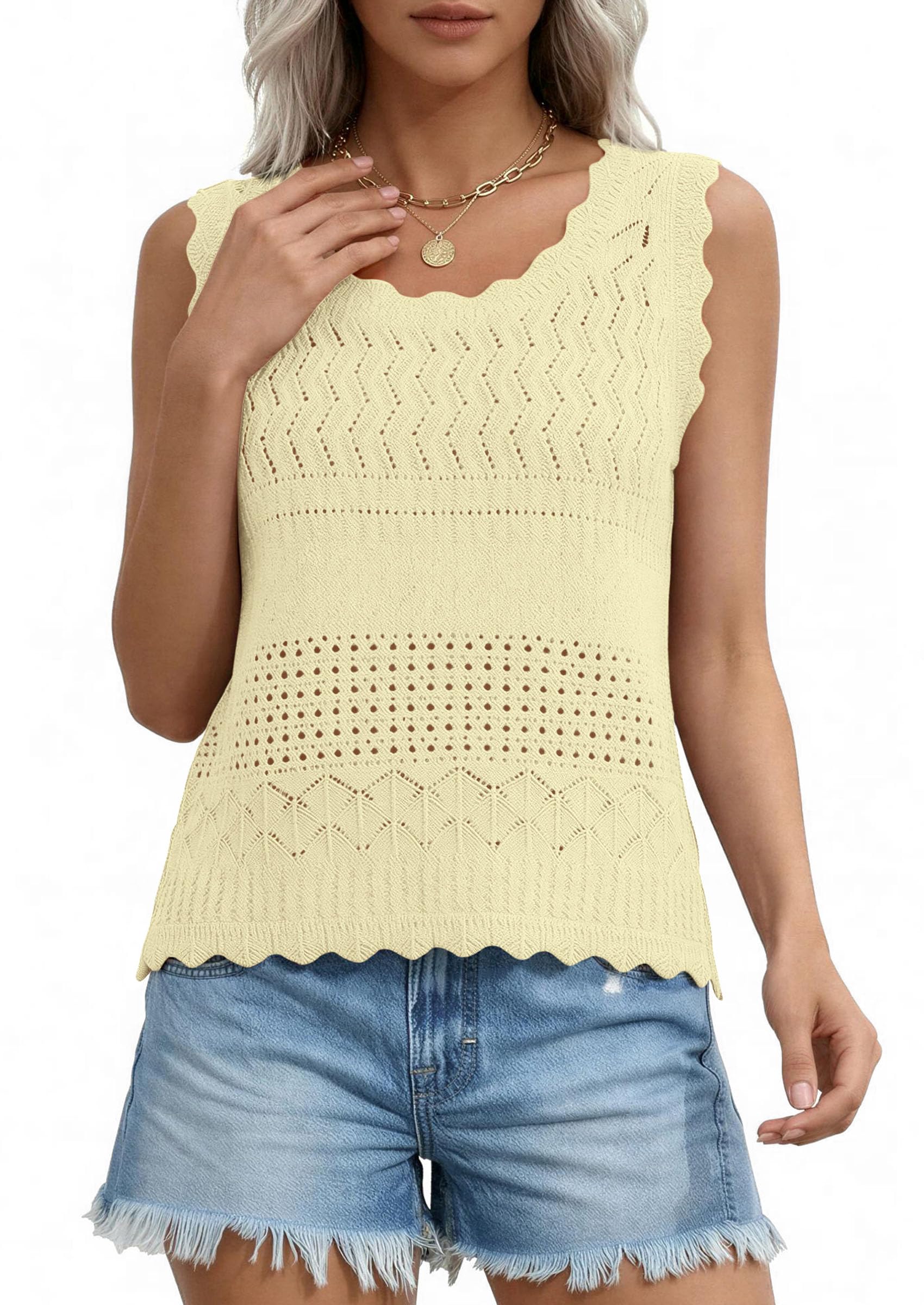 PRETTYGARDEN Womens Crochet Tank Tops Summer Spring Boho Sleeveless Cute Knit Sweater Vest Trendy Beach Vacation Clothes PRETTYGARDEN