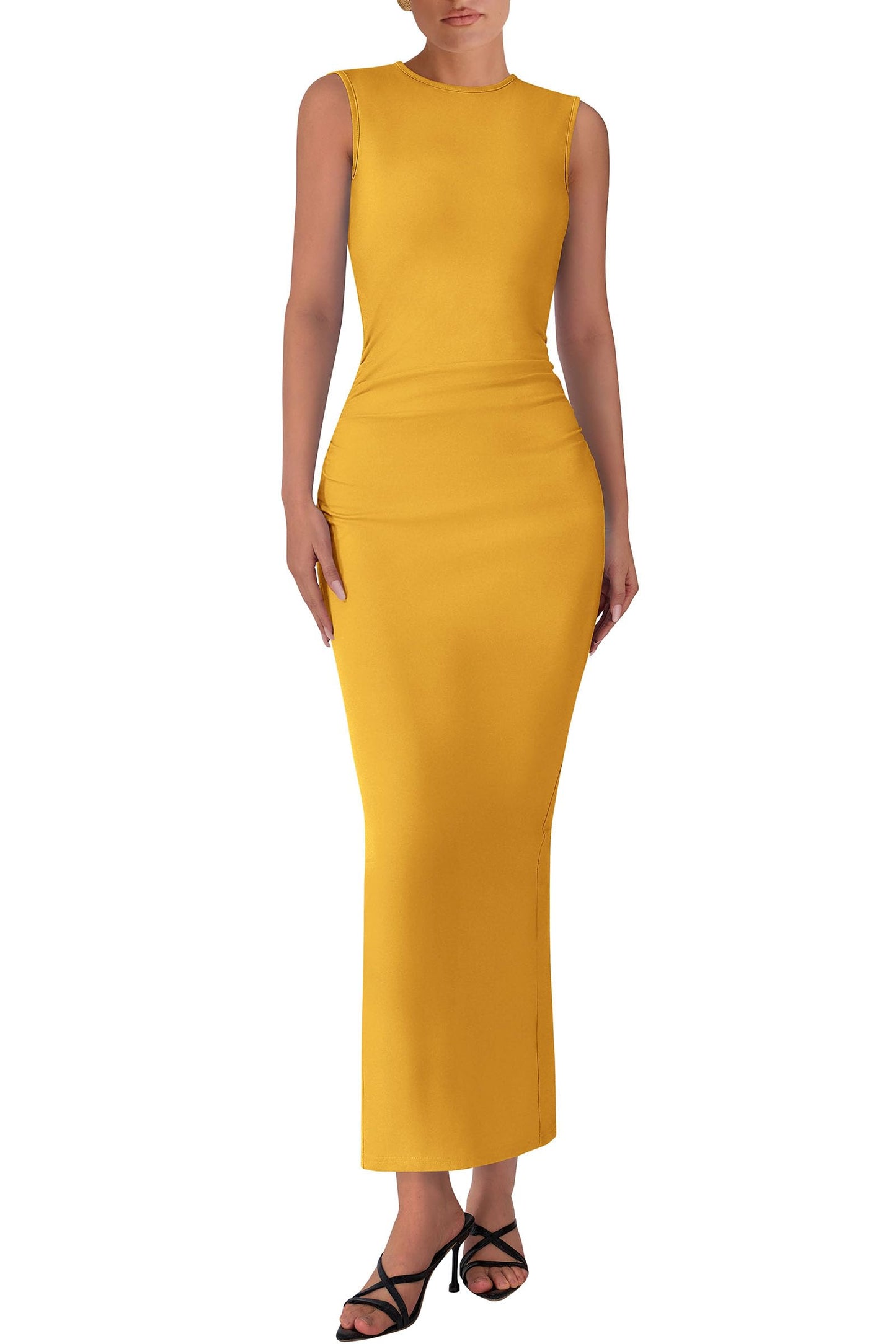 Women's Summer Wedding Guest Dresses 2025 Sleeveless Ruched Bodycon Fitted Maxi Long Cocktail Dress with Slit