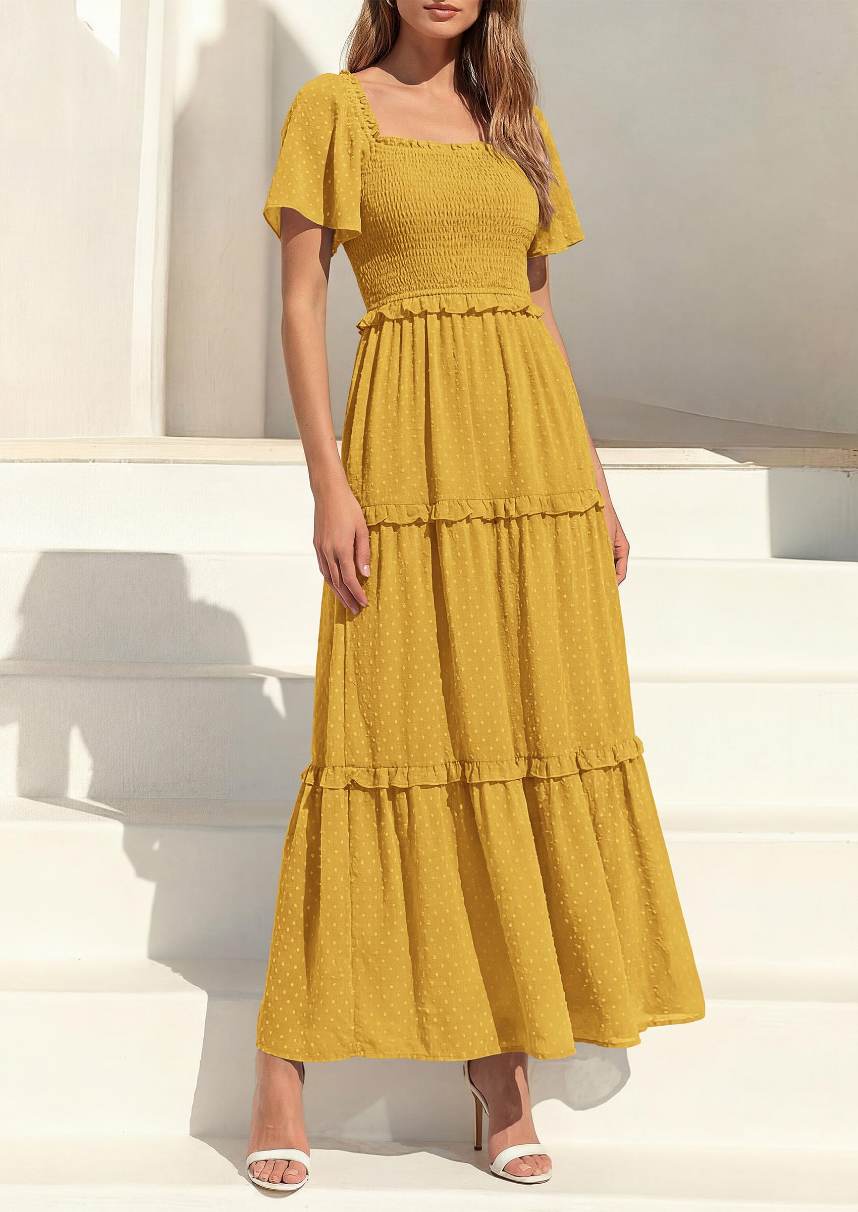 PRETTYGARDEN Summer Dresses for Women Boho Swiss Dot Smocked Square Neck Short Sleeve Spring Wedding Guest Maxi Dress PRETTYGARDEN