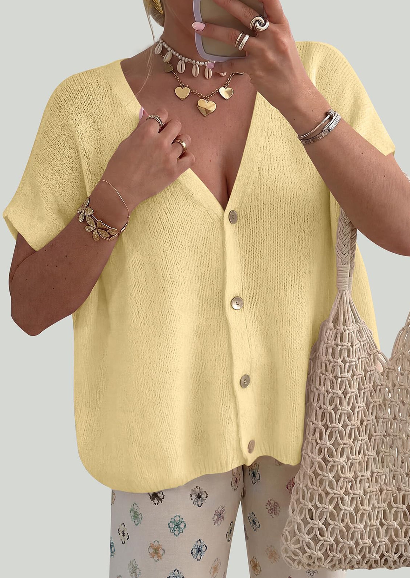 PRETTYGARDEN Batwing Short Sleeve Summer Cardigan Sweaters for Women Lightweight V Neck Button Oversized Sweater Tops PRETTYGARDEN