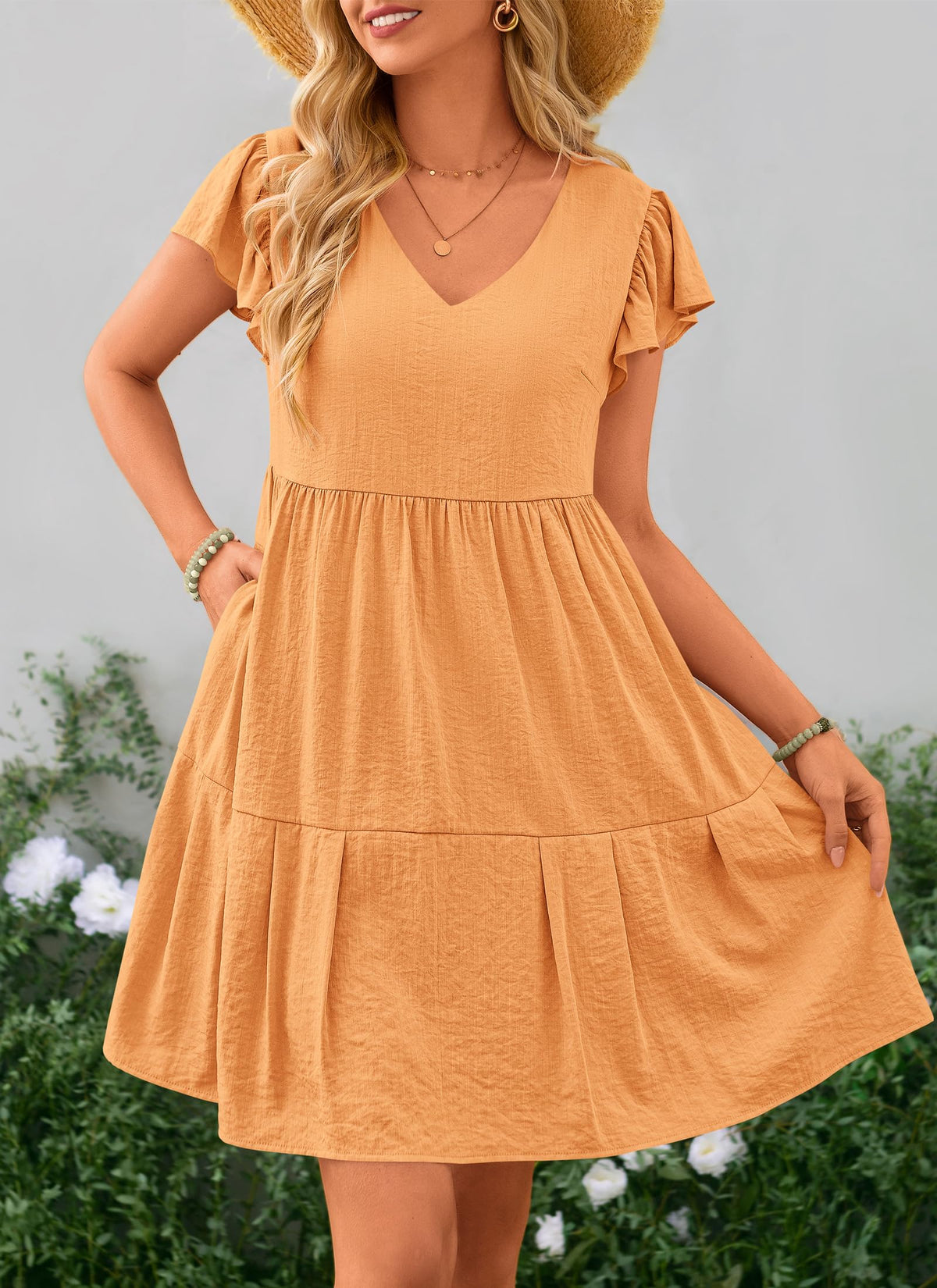 Summer Casual Cap Sleeve V Neck Tiered Ruffle Swing A Line Dresses