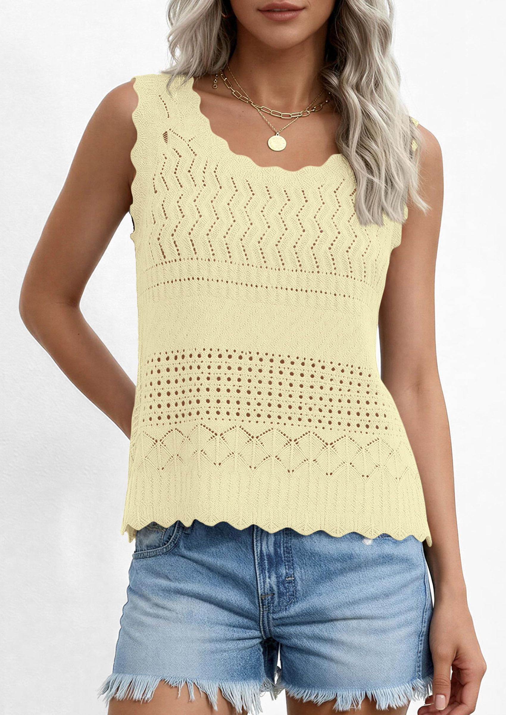 PRETTYGARDEN Womens Crochet Tank Tops Summer Spring Boho Sleeveless Cute Knit Sweater Vest Trendy Beach Vacation Clothes PRETTYGARDEN