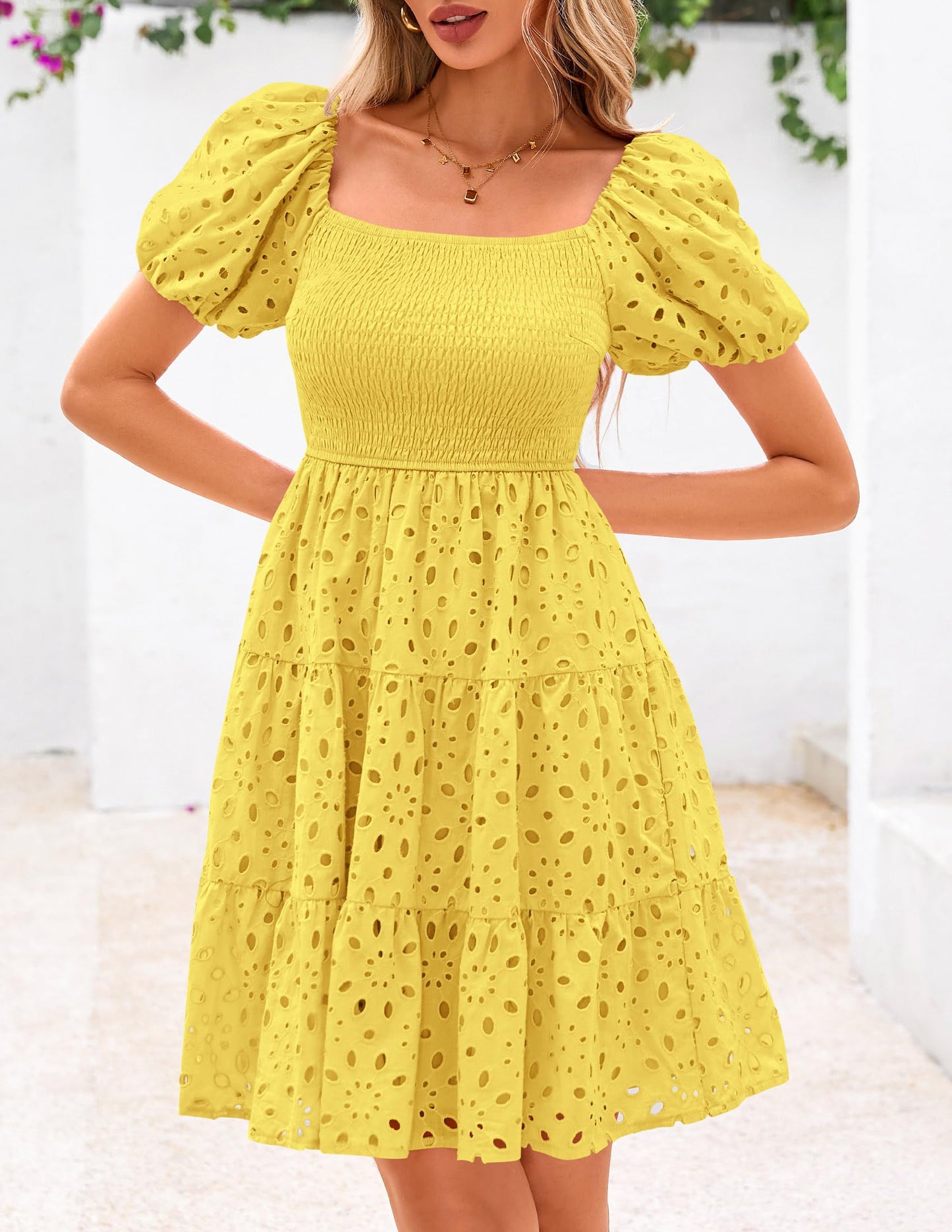 Womens Summer Puff Sleeve Mini Dress Off Shoulder Eyelet Smocked A Line Casual Babydoll Short Dresses