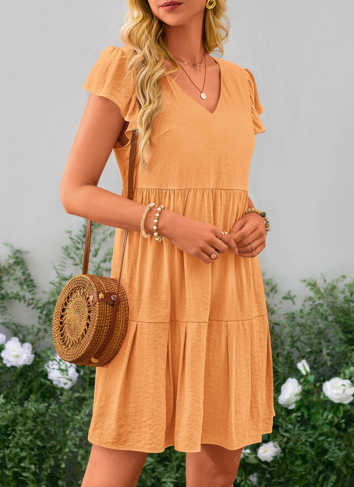 Summer Casual Cap Sleeve V Neck Tiered Ruffle Swing A Line Dresses