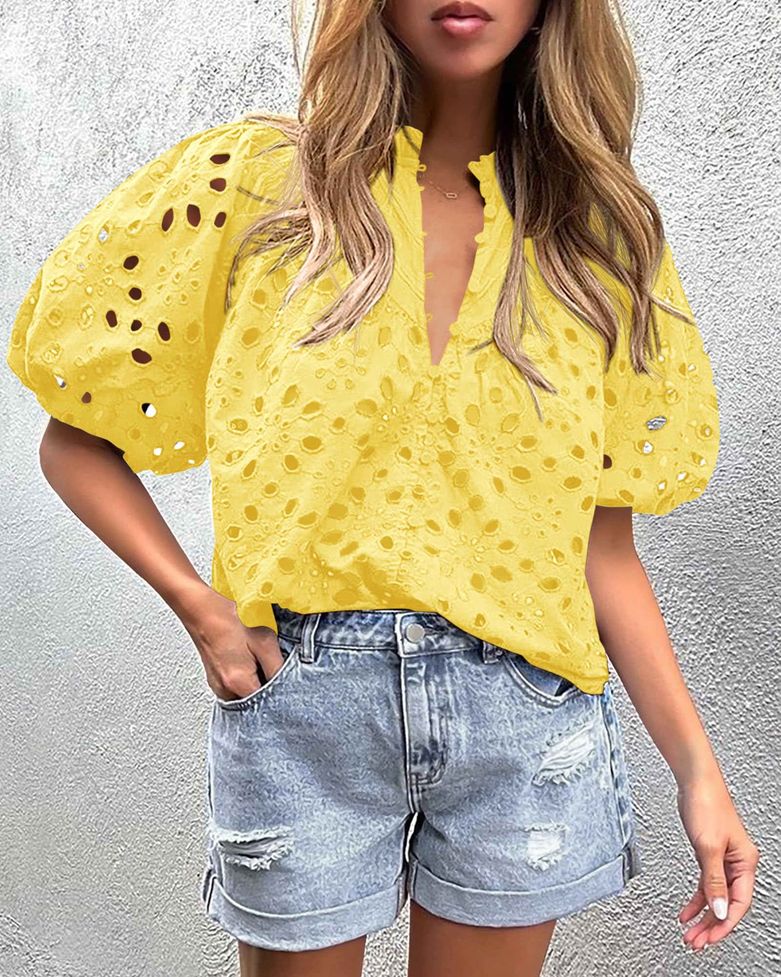 PRETTYGARDEN Women's Summer Short Sleeve Tops Dressy Casual Buttons V Neck Hollow Out Lace Embroidered Blouses Shirts