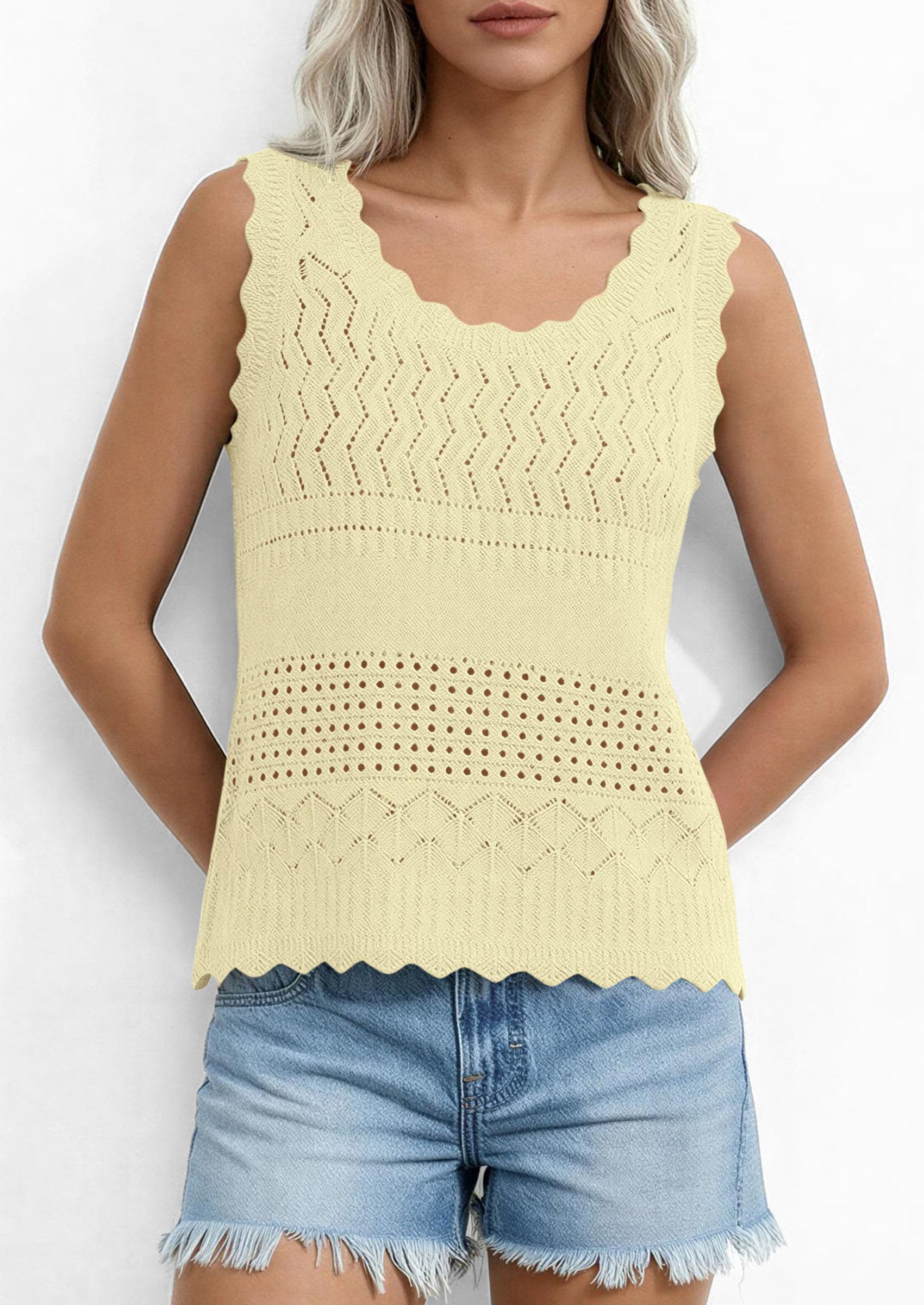 PRETTYGARDEN Womens Crochet Tank Tops Summer Spring Boho Sleeveless Cute Knit Sweater Vest Trendy Beach Vacation Clothes PRETTYGARDEN