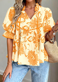 PRETTYGARDEN Womens Summer Tops Cute Puff Sleeve Ruffle V Neck Babydoll T-Shirts Boho Floral Spring Peplum Shirts PRETTYGARDEN