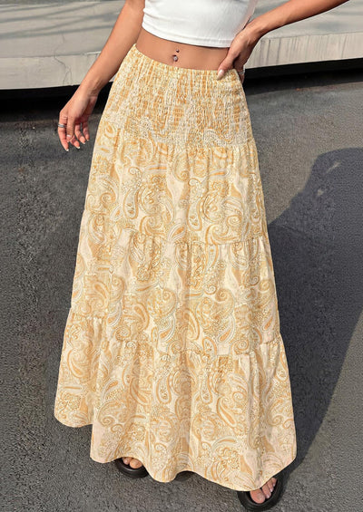 PRETTYGARDEN Floral Summer Boho Maxi Skirts for Women Smocked Elastic Waist Pleated Tiered Vacation Flowy Long Skirt PRETTYGARDEN