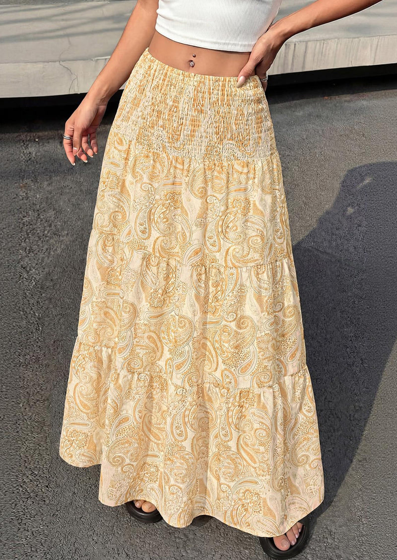 PRETTYGARDEN Floral Summer Boho Maxi Skirts for Women Smocked Elastic Waist Pleated Tiered Vacation Flowy Long Skirt PRETTYGARDEN