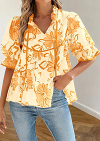 PRETTYGARDEN Womens Summer Tops Cute Puff Sleeve Ruffle V Neck Babydoll T-Shirts Boho Floral Spring Peplum Shirts PRETTYGARDEN