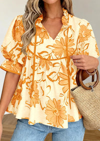 PRETTYGARDEN Womens Summer Tops Cute Puff Sleeve Ruffle V Neck Babydoll T-Shirts Boho Floral Spring Peplum Shirts PRETTYGARDEN