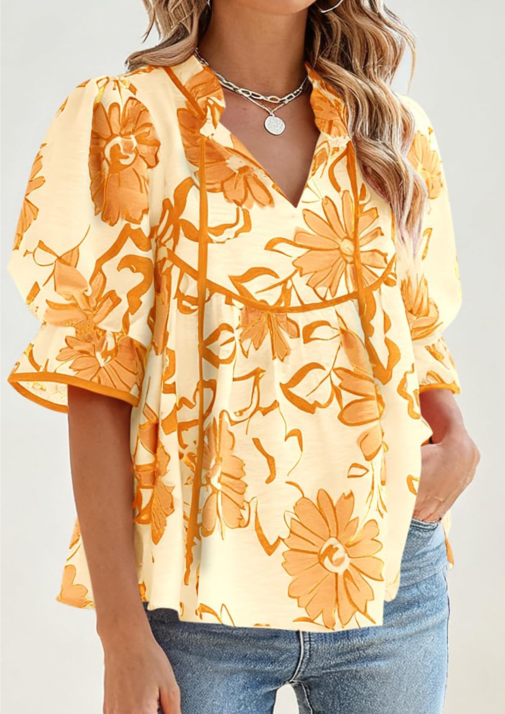 PRETTYGARDEN Womens Summer Tops Cute Puff Sleeve Ruffle V Neck Babydoll T-Shirts Boho Floral Spring Peplum Shirts PRETTYGARDEN