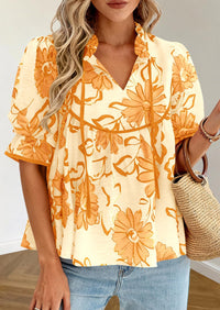 PRETTYGARDEN Womens Summer Tops Cute Puff Sleeve Ruffle V Neck Babydoll T-Shirts Boho Floral Spring Peplum Shirts PRETTYGARDEN