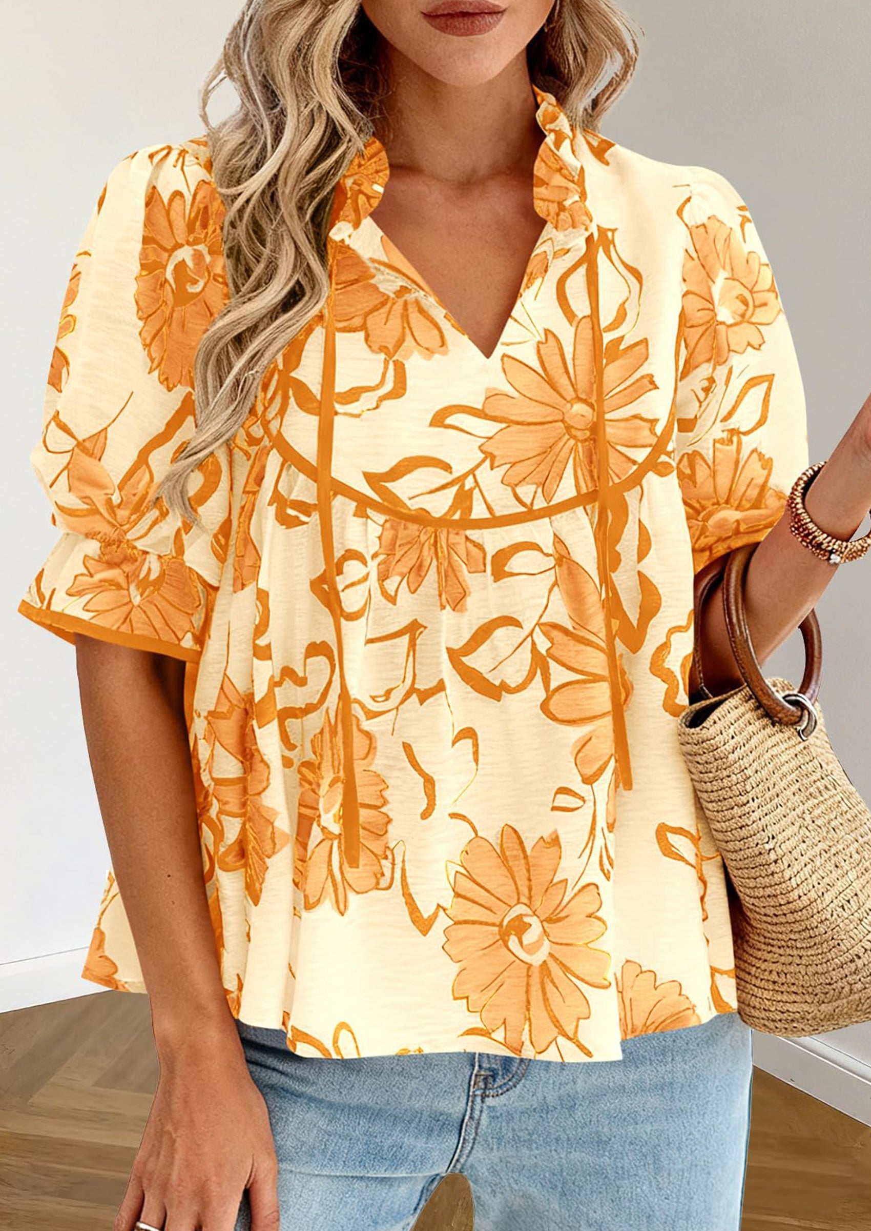 PRETTYGARDEN Womens Summer Tops Cute Puff Sleeve Ruffle V Neck Babydoll T-Shirts Boho Floral Spring Peplum Shirts PRETTYGARDEN