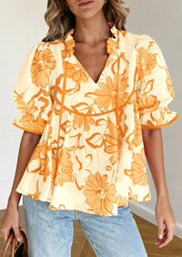 PRETTYGARDEN Womens Summer Tops Cute Puff Sleeve Ruffle V Neck Babydoll T-Shirts Boho Floral Spring Peplum Shirts PRETTYGARDEN