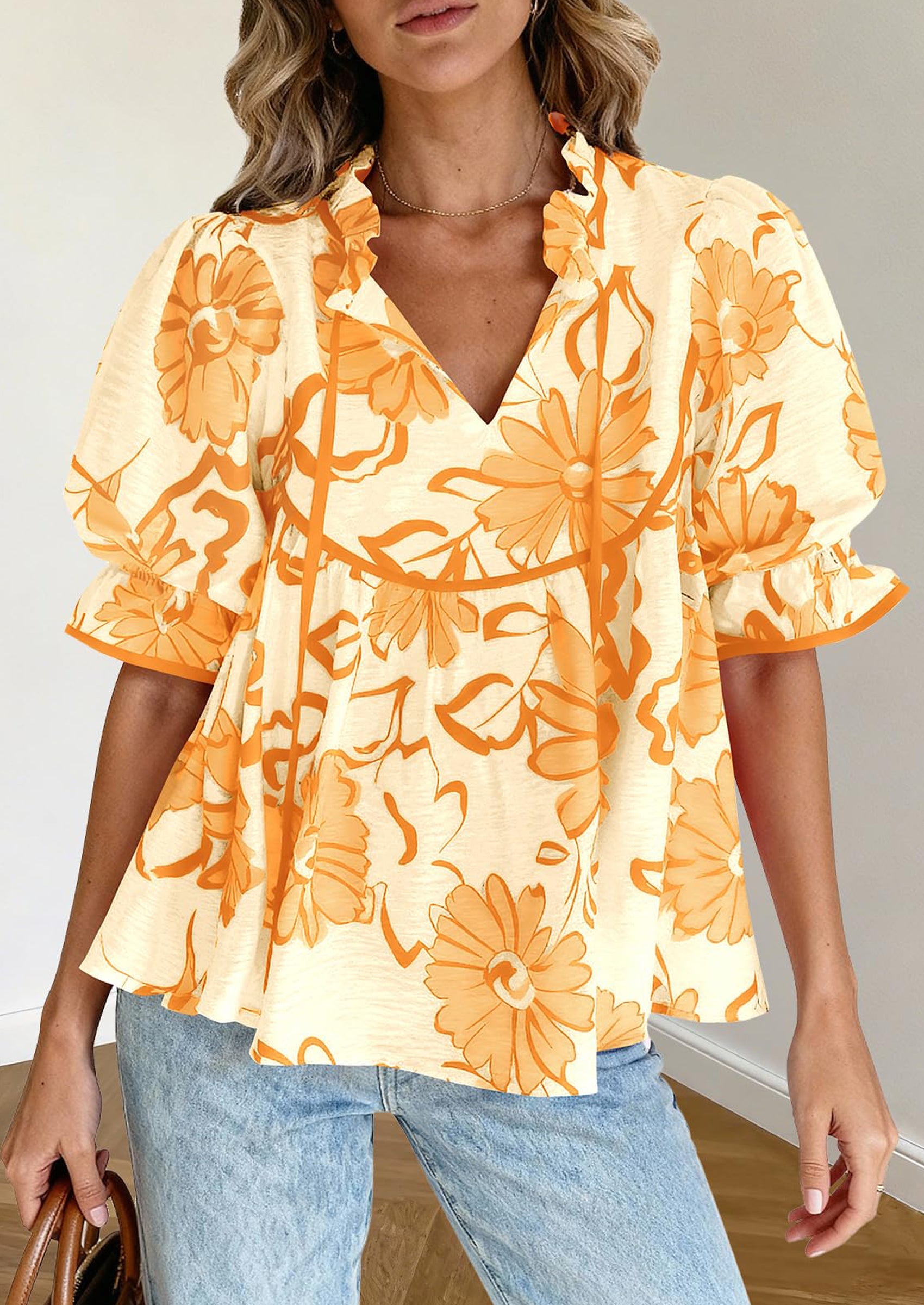 PRETTYGARDEN Womens Summer Tops Cute Puff Sleeve Ruffle V Neck Babydoll T-Shirts Boho Floral Spring Peplum Shirts PRETTYGARDEN