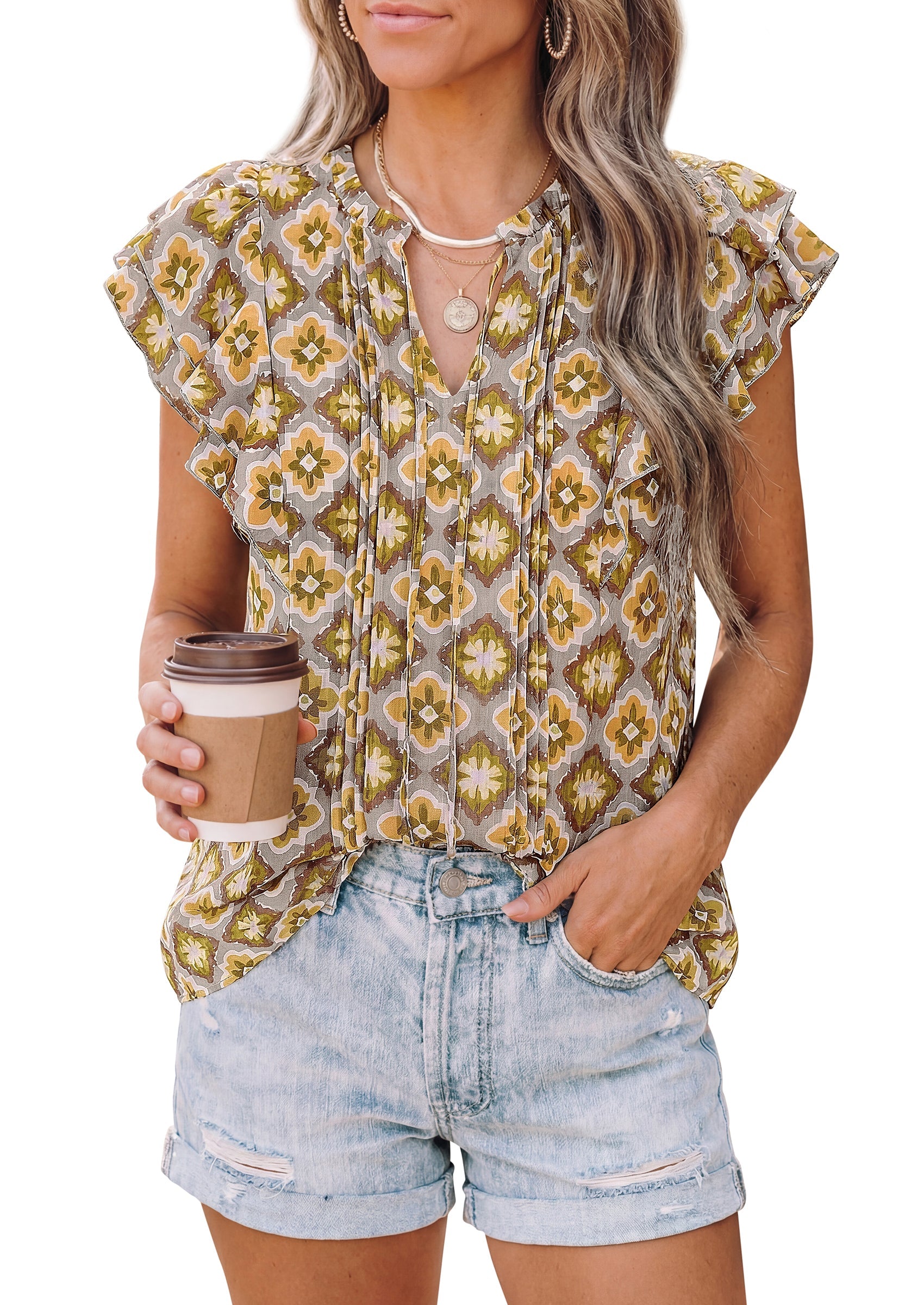 PRETTYGARDEN Womens Summer Boho Tops Trendy 2026 V Neck Flutter Short Sleeve Floral Casual Dressy Blouses Shirts Spring Clothes PRETTYGARDEN