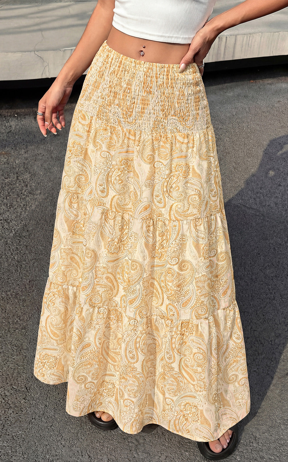 PRETTYGARDEN Floral Summer Boho Maxi Skirts for Women 2026 Smocked Elastic Waist Pleated Tiered Vacation Flowy Long Skirt PRETTYGARDEN