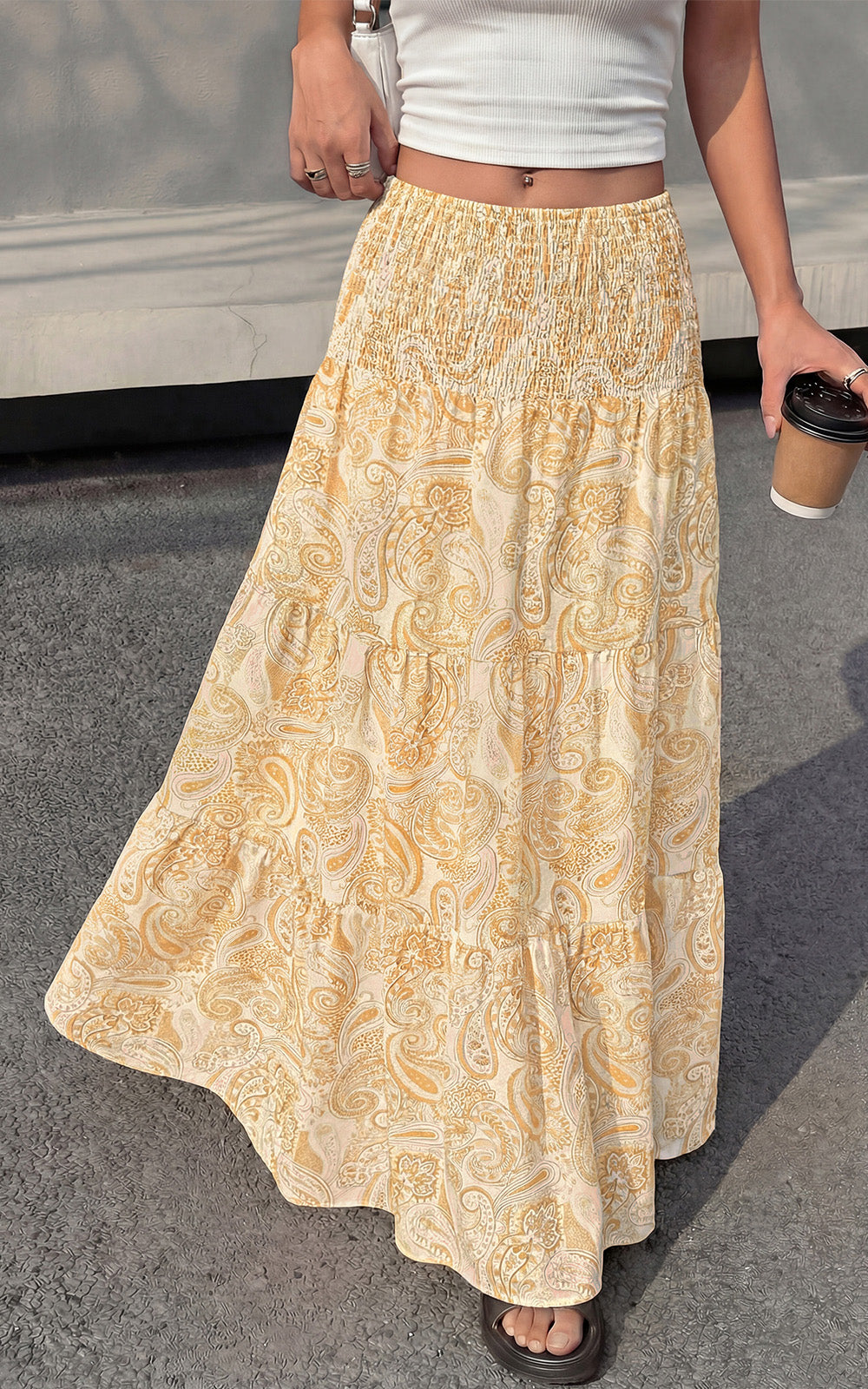 PRETTYGARDEN Floral Summer Boho Maxi Skirts for Women 2026 Smocked Elastic Waist Pleated Tiered Vacation Flowy Long Skirt PRETTYGARDEN