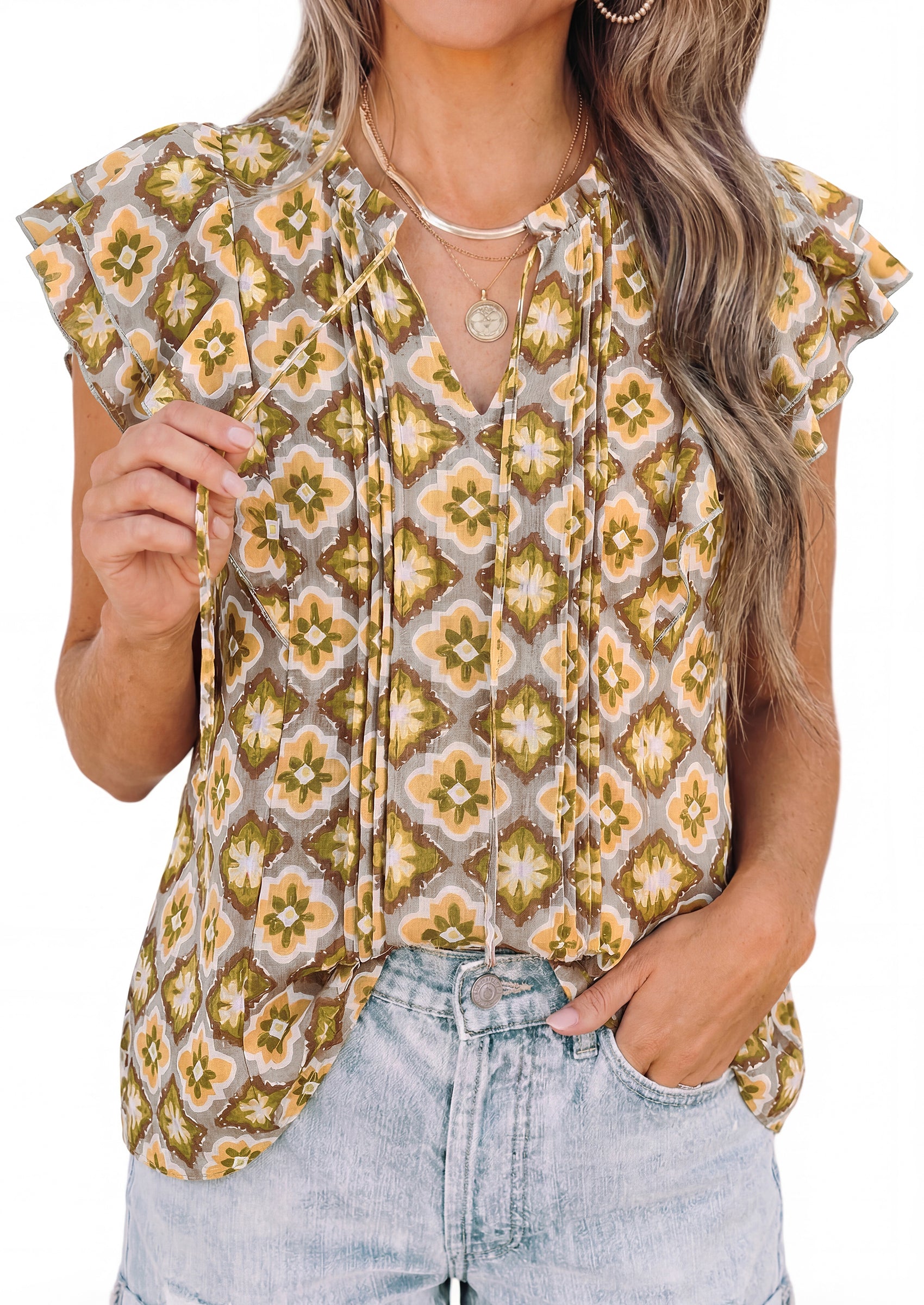 PRETTYGARDEN Womens Summer Boho Tops Trendy 2026 V Neck Flutter Short Sleeve Floral Casual Dressy Blouses Shirts Spring Clothes PRETTYGARDEN