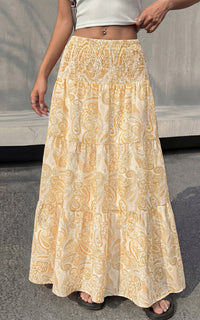 PRETTYGARDEN Floral Summer Boho Maxi Skirts for Women 2026 Smocked Elastic Waist Pleated Tiered Vacation Flowy Long Skirt PRETTYGARDEN