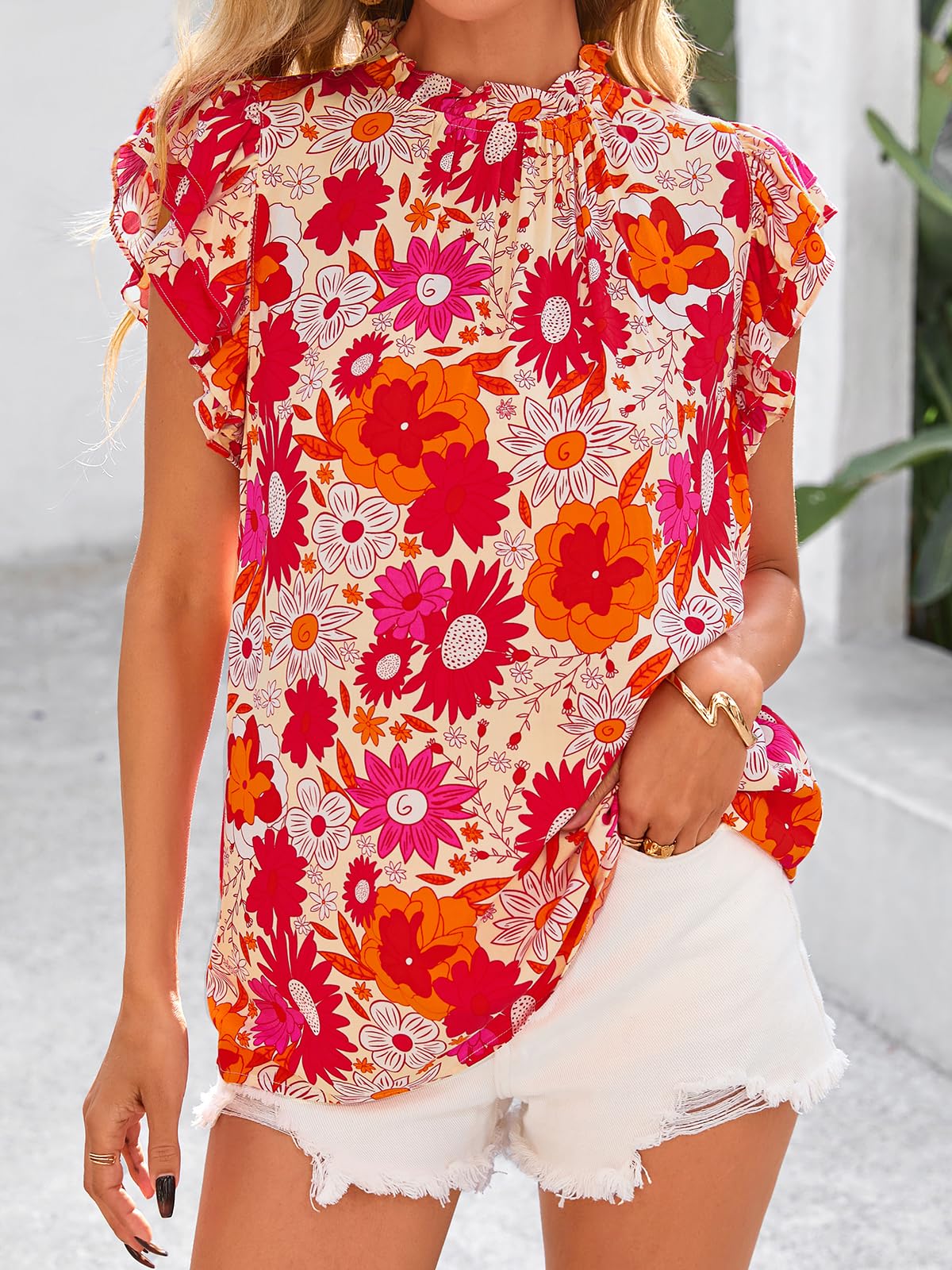 PRETTYGARDEN Women's Ruffle Short Sleeve Summer Tops Trendy Floral Trim Neck Casual Dressy Chiffon Boho Blouses Shirts PRETTYGARDEN