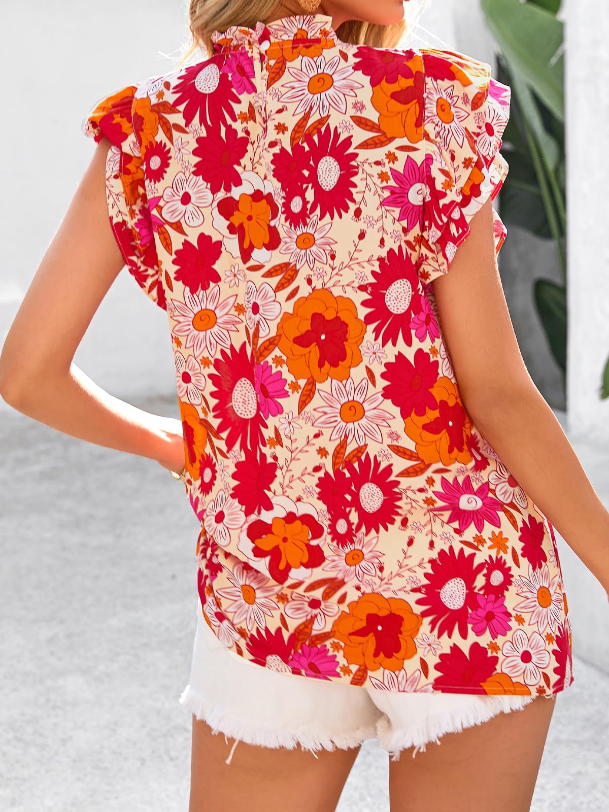 PRETTYGARDEN Women's Ruffle Short Sleeve Summer Tops Trendy Floral Trim Neck Casual Dressy Chiffon Boho Blouses Shirts PRETTYGARDEN