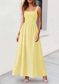 PRETTYGARDEN Women's Maxi Striped Dress Summer Sleeveless Square Neck Smocked A Line Long Flowy Spring Vacation Sundress PRETTYGARDEN