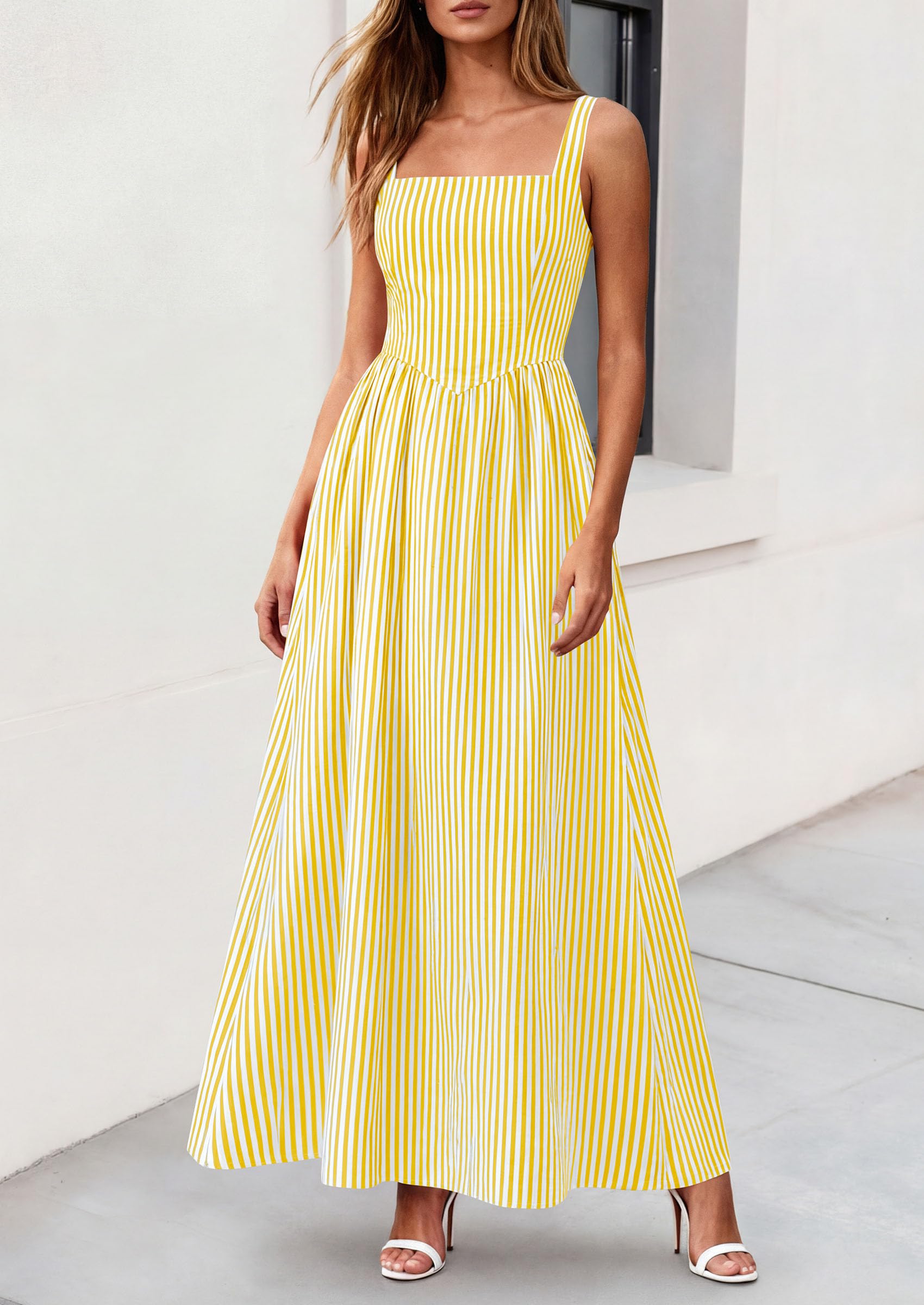 PRETTYGARDEN Women's Maxi Striped Dress Summer Sleeveless Square Neck Smocked A Line Long Flowy Spring Vacation Sundress PRETTYGARDEN