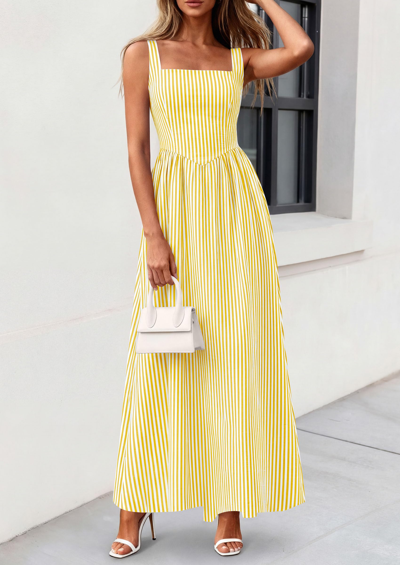 PRETTYGARDEN Women's Maxi Striped Dress Summer Sleeveless Square Neck Smocked A Line Long Flowy Spring Vacation Sundress PRETTYGARDEN