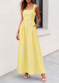 PRETTYGARDEN Women's Maxi Striped Dress Summer Sleeveless Square Neck Smocked A Line Long Flowy Spring Vacation Sundress PRETTYGARDEN