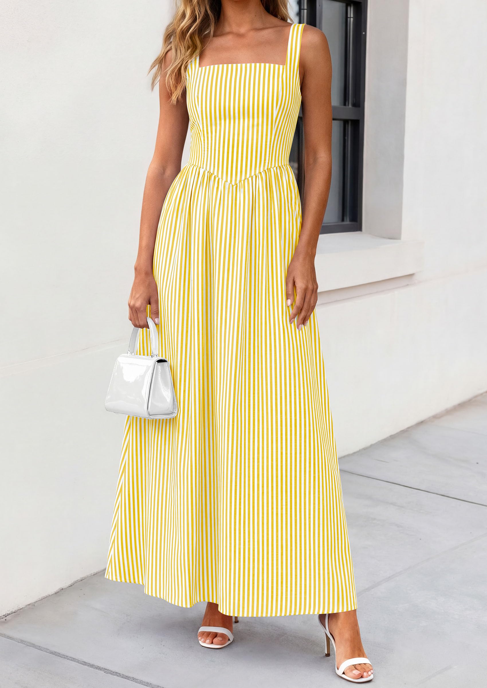 PRETTYGARDEN Women's Maxi Striped Dress Summer Sleeveless Square Neck Smocked A Line Long Flowy Spring Vacation Sundress PRETTYGARDEN