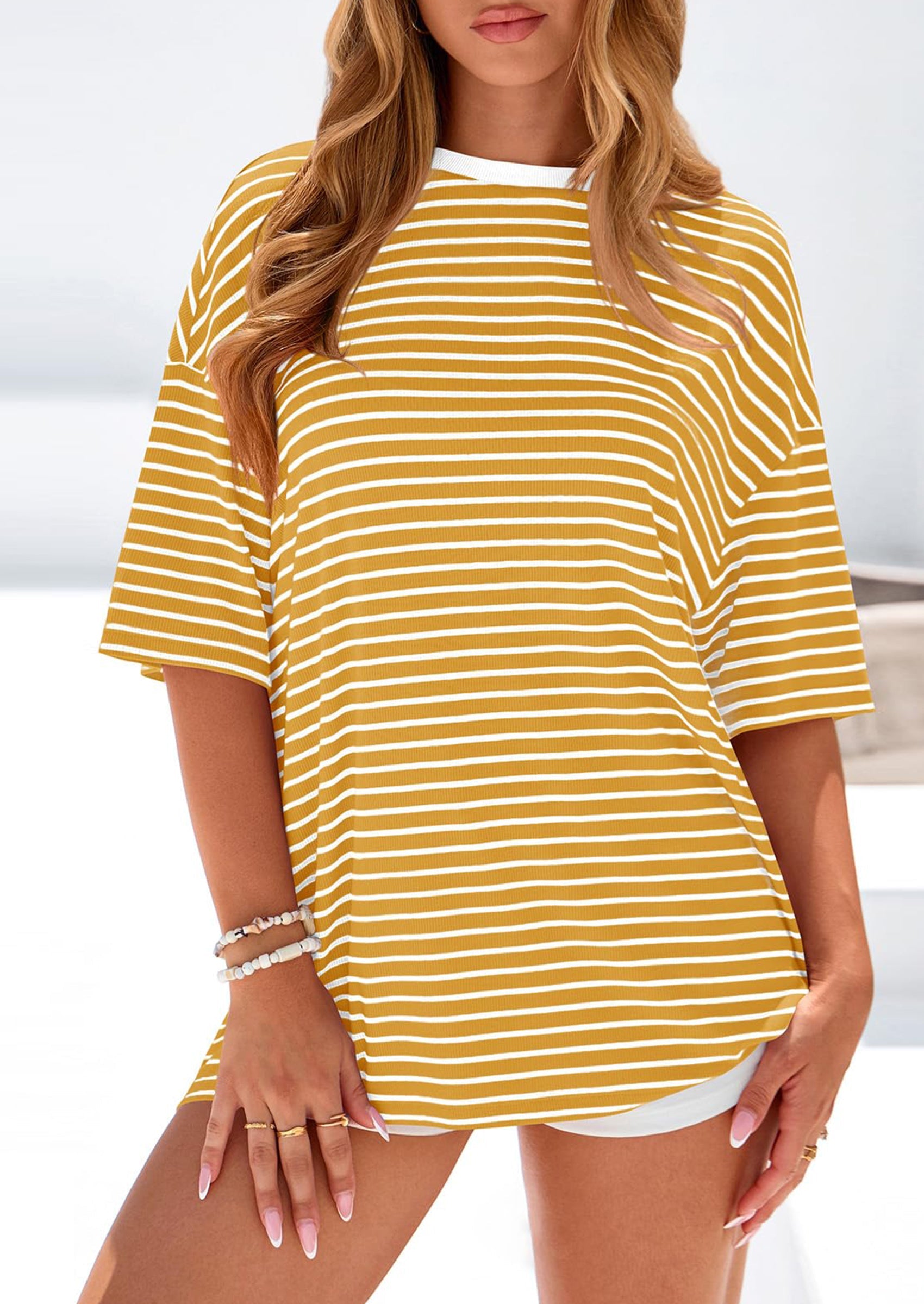 PRETTYGARDEN Womens Oversied Cute Tops Casual Striped Short Sleeve Shirt Women Trendy Spring Fashion Basic Tees Blouse PRETTYGARDEN