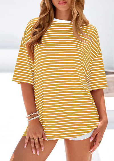 PRETTYGARDEN Womens Oversied Cute Tops Casual Striped Short Sleeve Shirt Women Trendy Spring Fashion Basic Tees Blouse PRETTYGARDEN