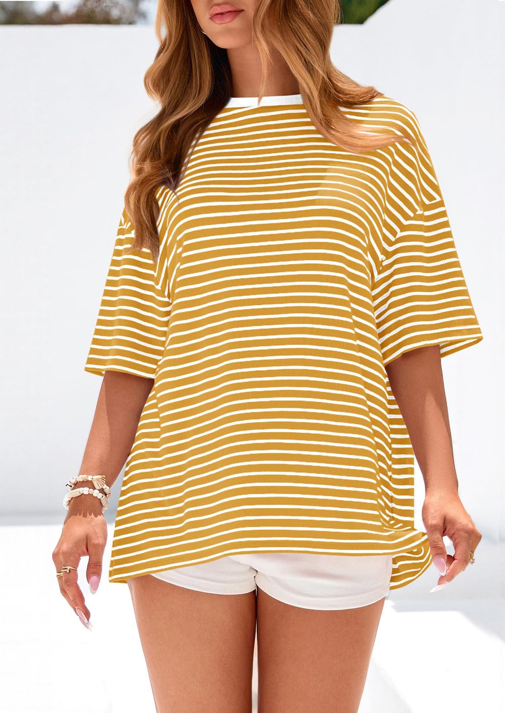 PRETTYGARDEN Womens Oversied Cute Tops Casual Striped Short Sleeve Shirt Women Trendy Spring Fashion Basic Tees Blouse PRETTYGARDEN