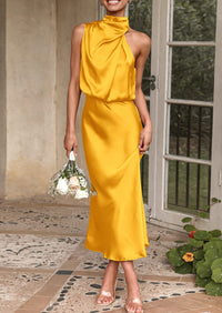 PRETTYGARDEN Women's Summer Satin Dress Elegant Sleeveless Mock Neck Cocktail Party Maxi Dresses